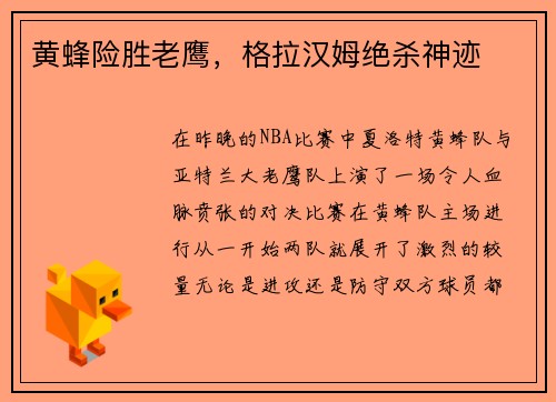 黄蜂险胜老鹰，格拉汉姆绝杀神迹